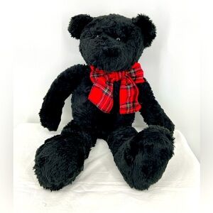Stuffed Plush Teddy Bear Black w Red‎ plaid Tartan Bow 22” Long Noodle Kidoodle